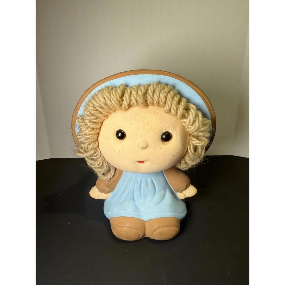 Vintage Ceramic Girl Piggy Bank 5" Figurine Nursery Decor Cute Yarn Hair‎ Collec